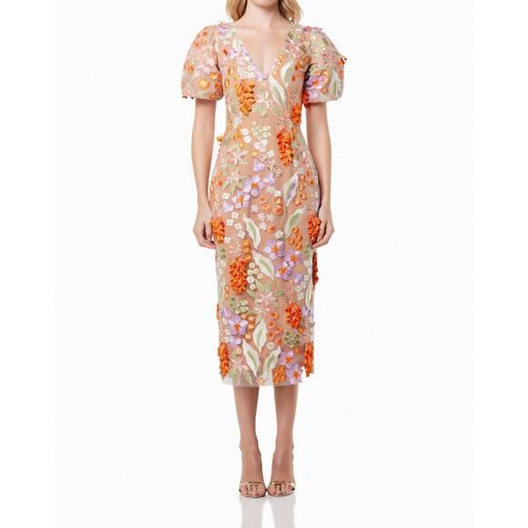 NEW ELLIATT remix midi dress in beige multi
